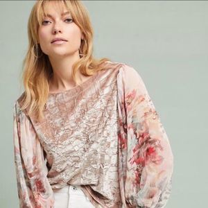 Anthropologie crushed velour & sheer floral sleeve top